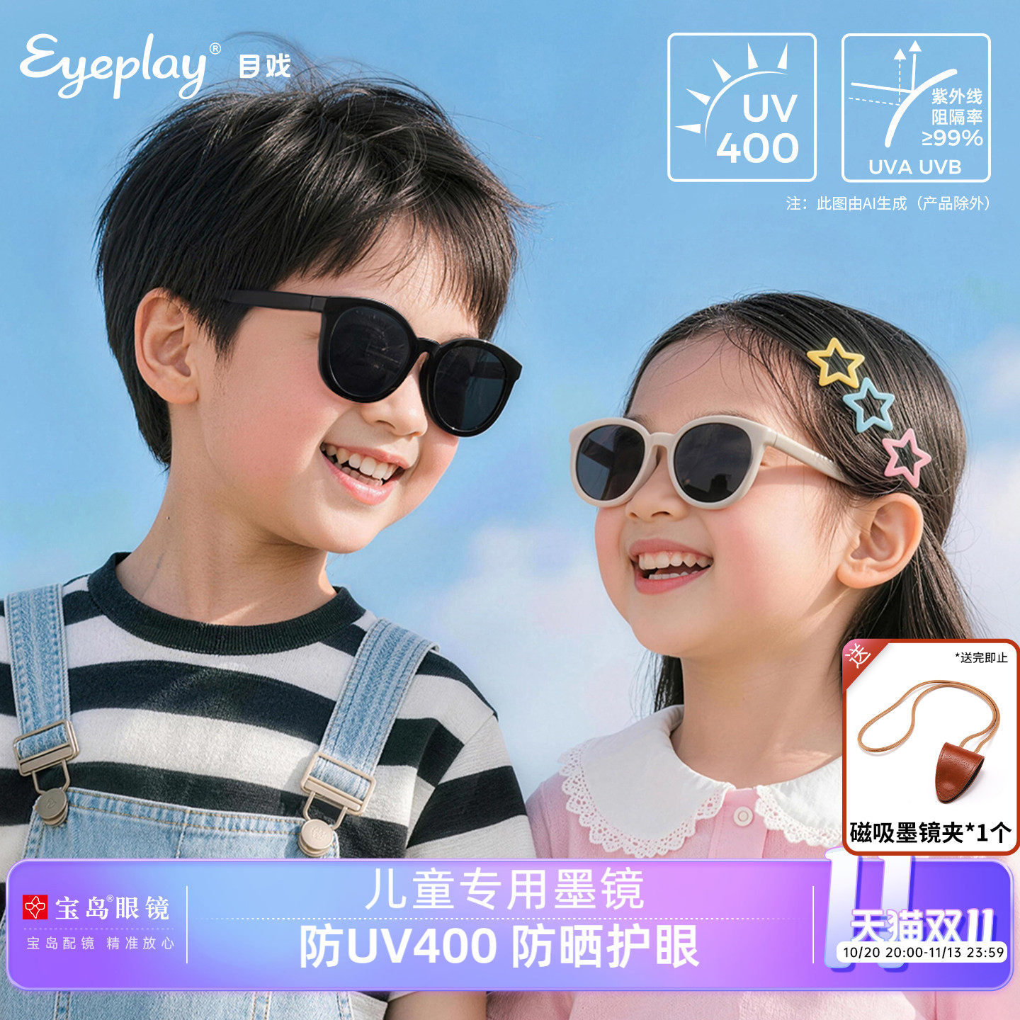 目戏儿童墨镜防晒防紫外线男童女童不伤眼小孩专用太阳眼镜UV400