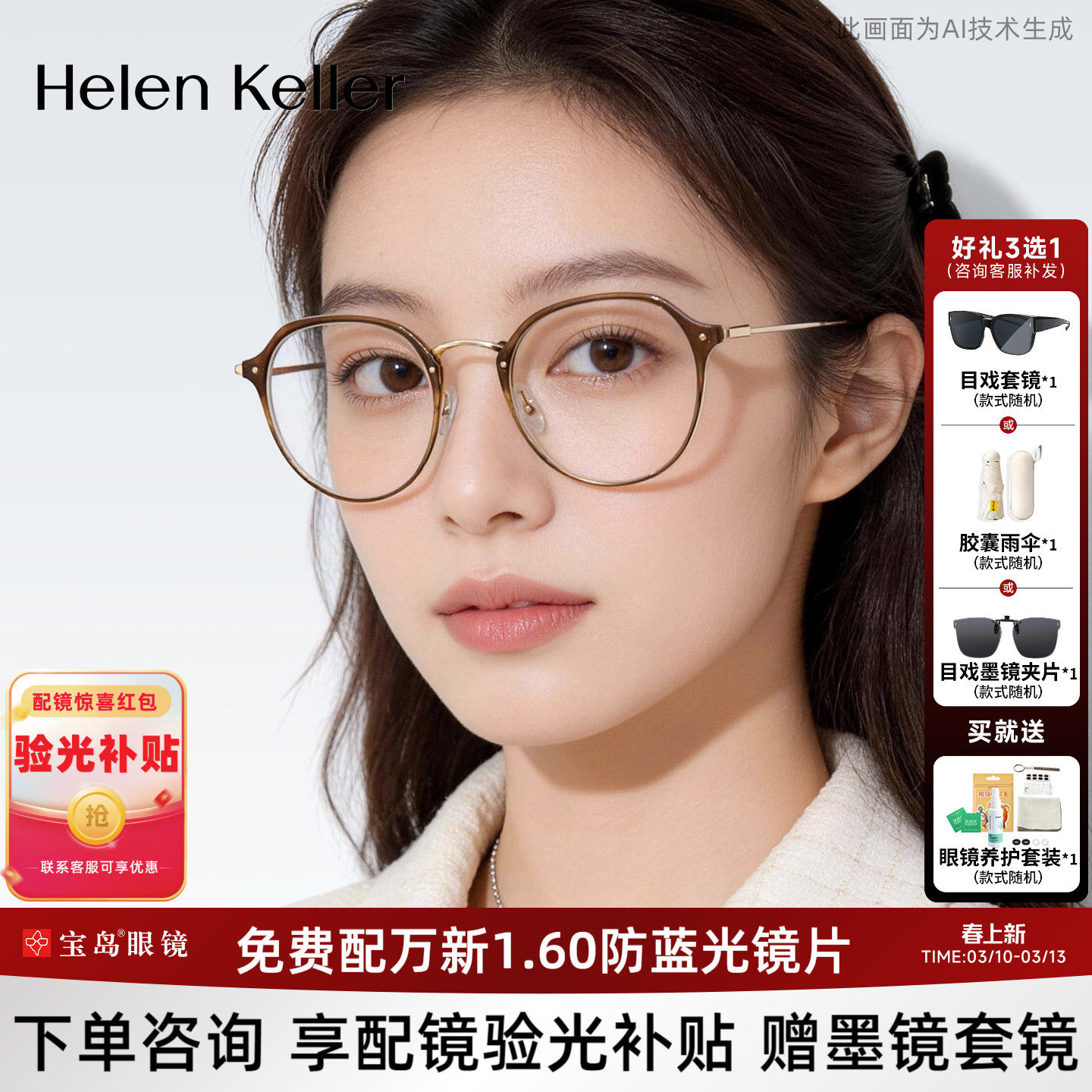 海伦凯勒冷茶色素颜近视眼镜框女可选蔡司镜片可配度数镜架H9214