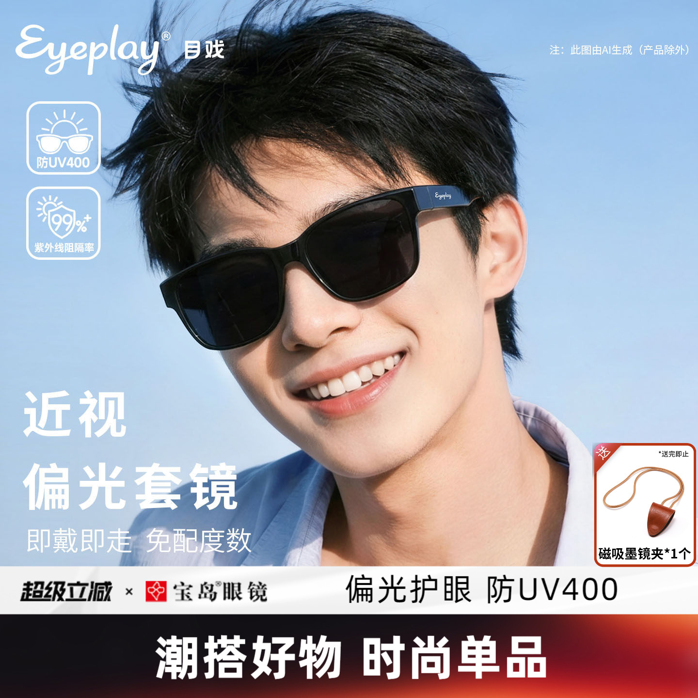 目戏2026新款太阳镜套镜男防紫外线偏光开车墨镜可套近视镜76004