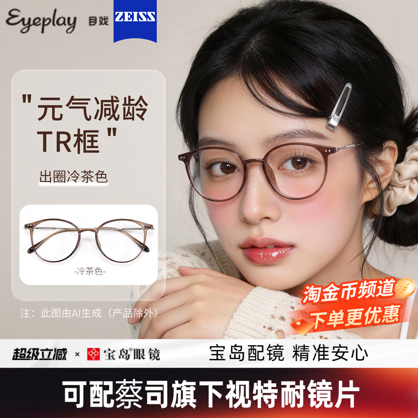 目戏冷茶色眼镜近视女可选防蓝光可配镜片度数眼镜框镜架圆框5007