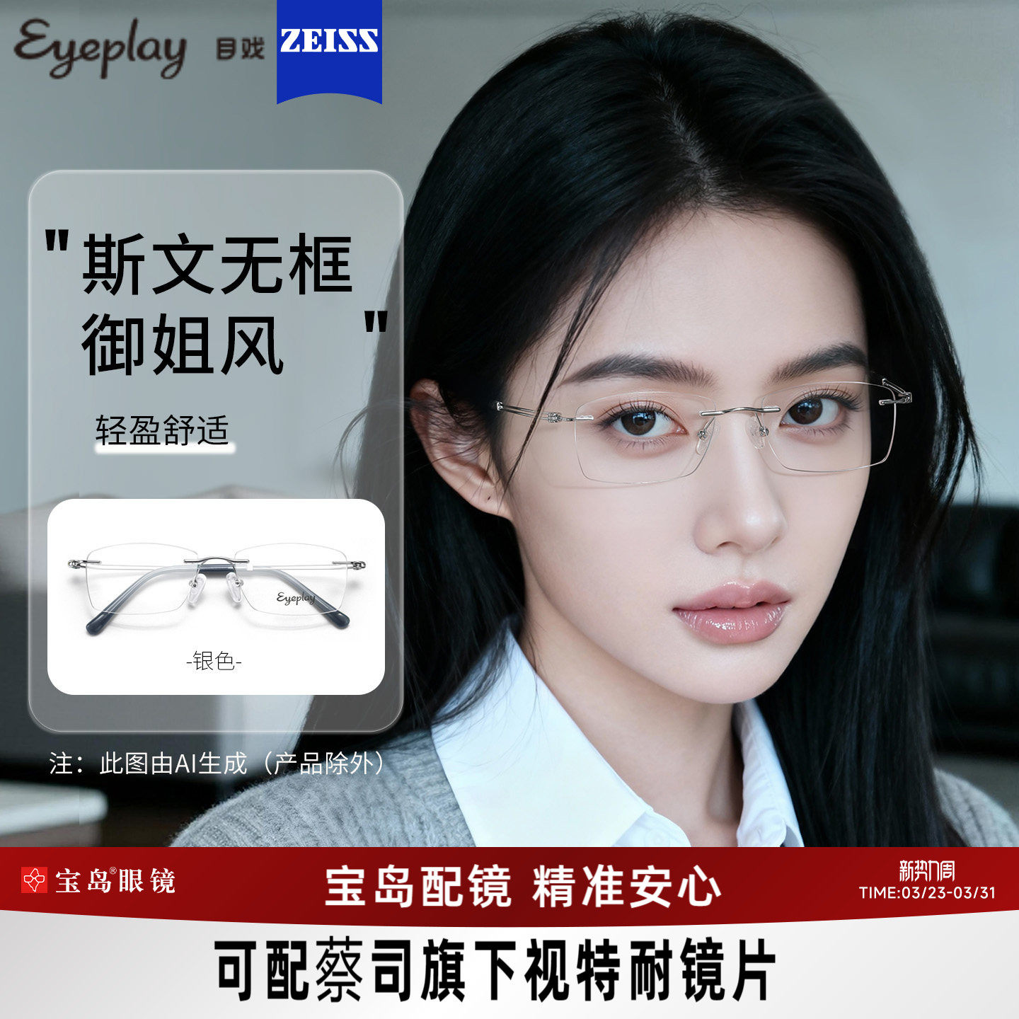 目戏无边框高级感无框近视眼镜女可配度数镜片眼镜框镜架23002