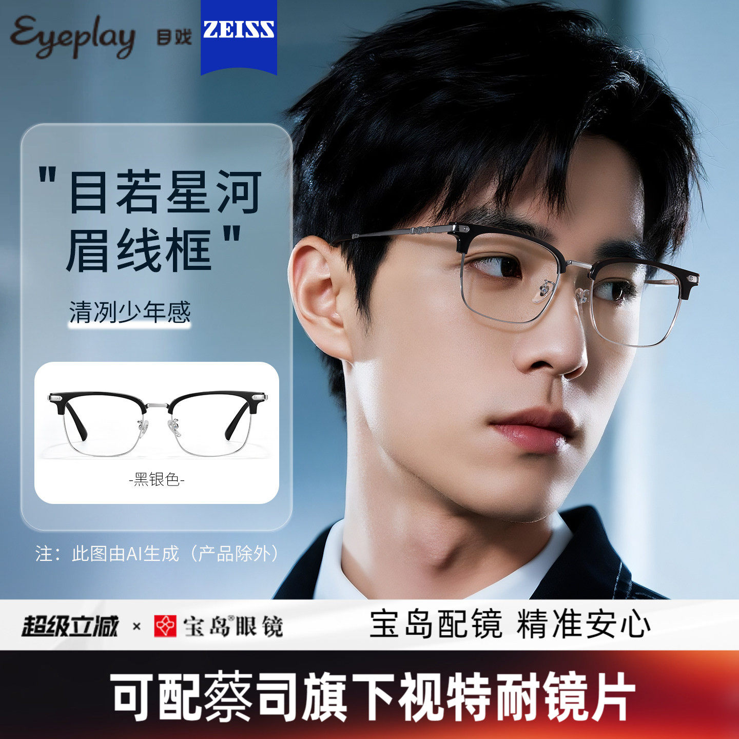 目戏近视眼镜可配蔡司度数可选变色防蓝光半框眼镜框镜架男71009