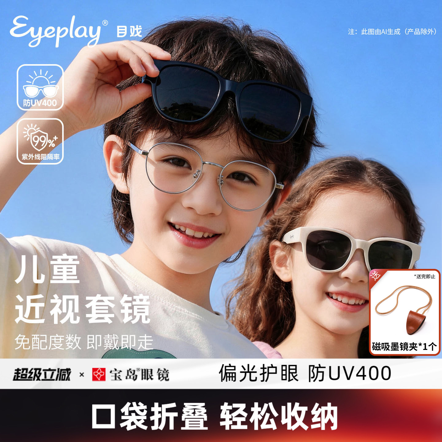 目戏儿童近视墨镜折叠套镜男童偏光防晒可套近视眼镜太阳镜女孩