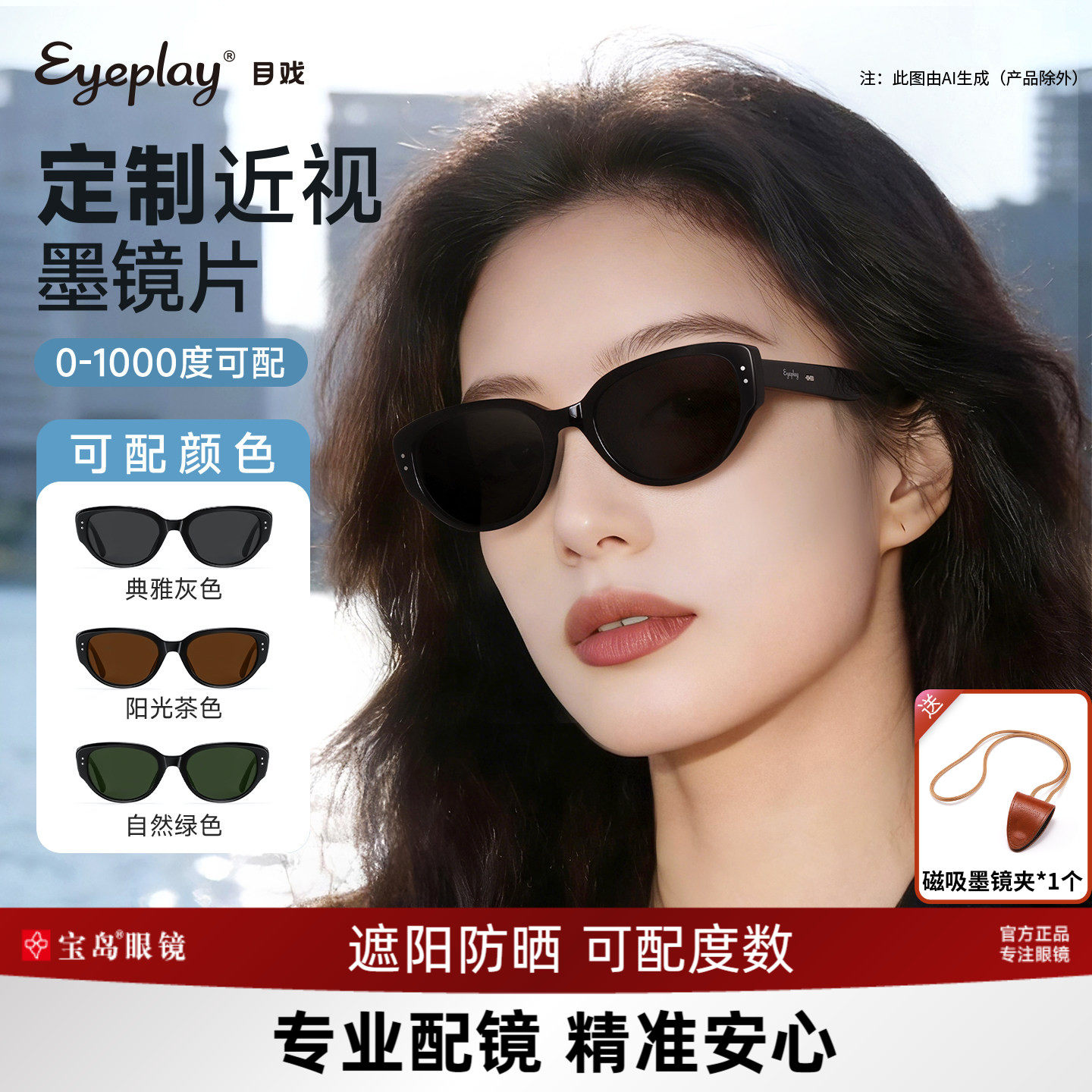 目戏定制太阳镜女款带度数方圆脸猫眼太阳眼镜近视墨镜女可配度数