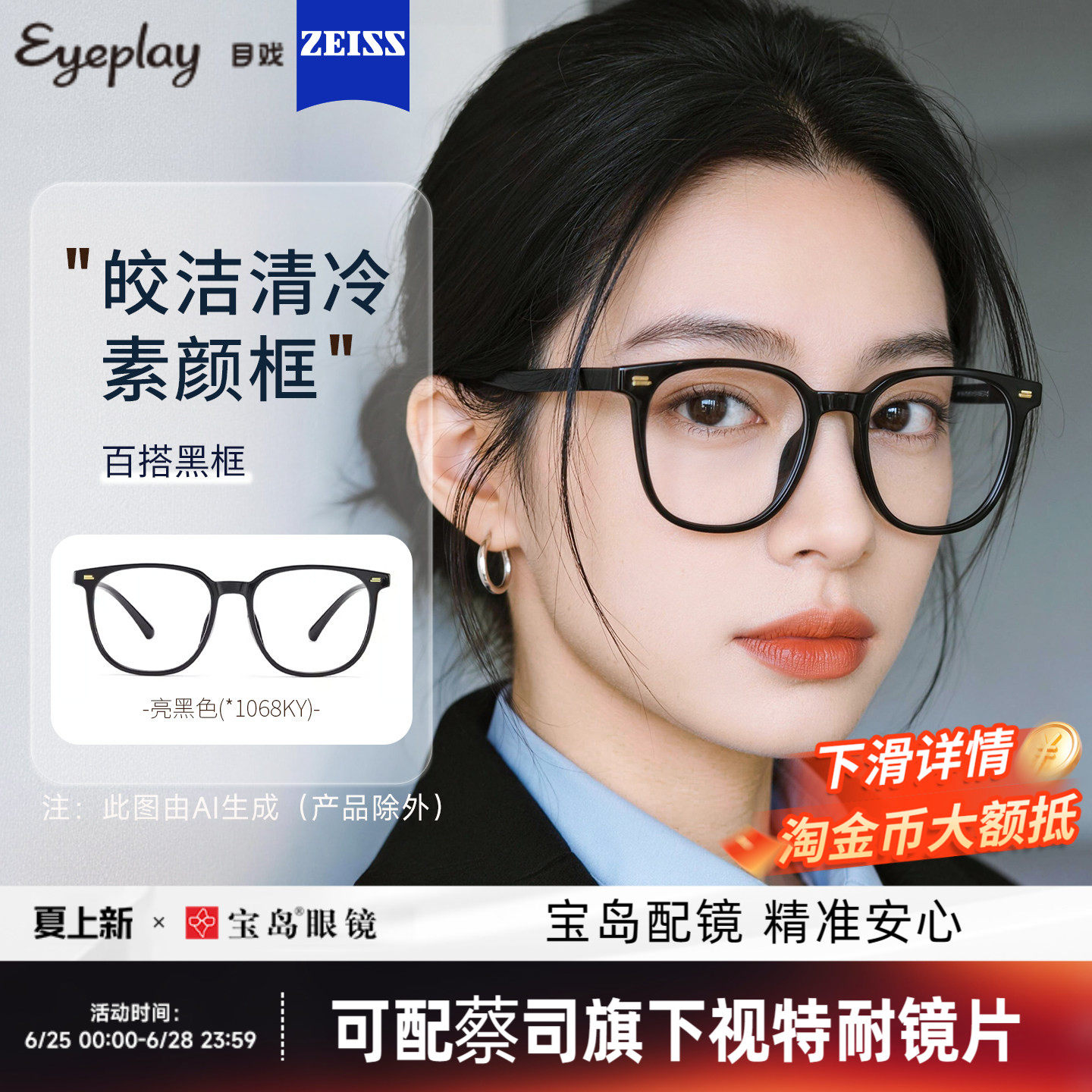 目戏素颜黑框眼镜女眼镜框镜架可配蔡司近视度数可选防蓝光男1068