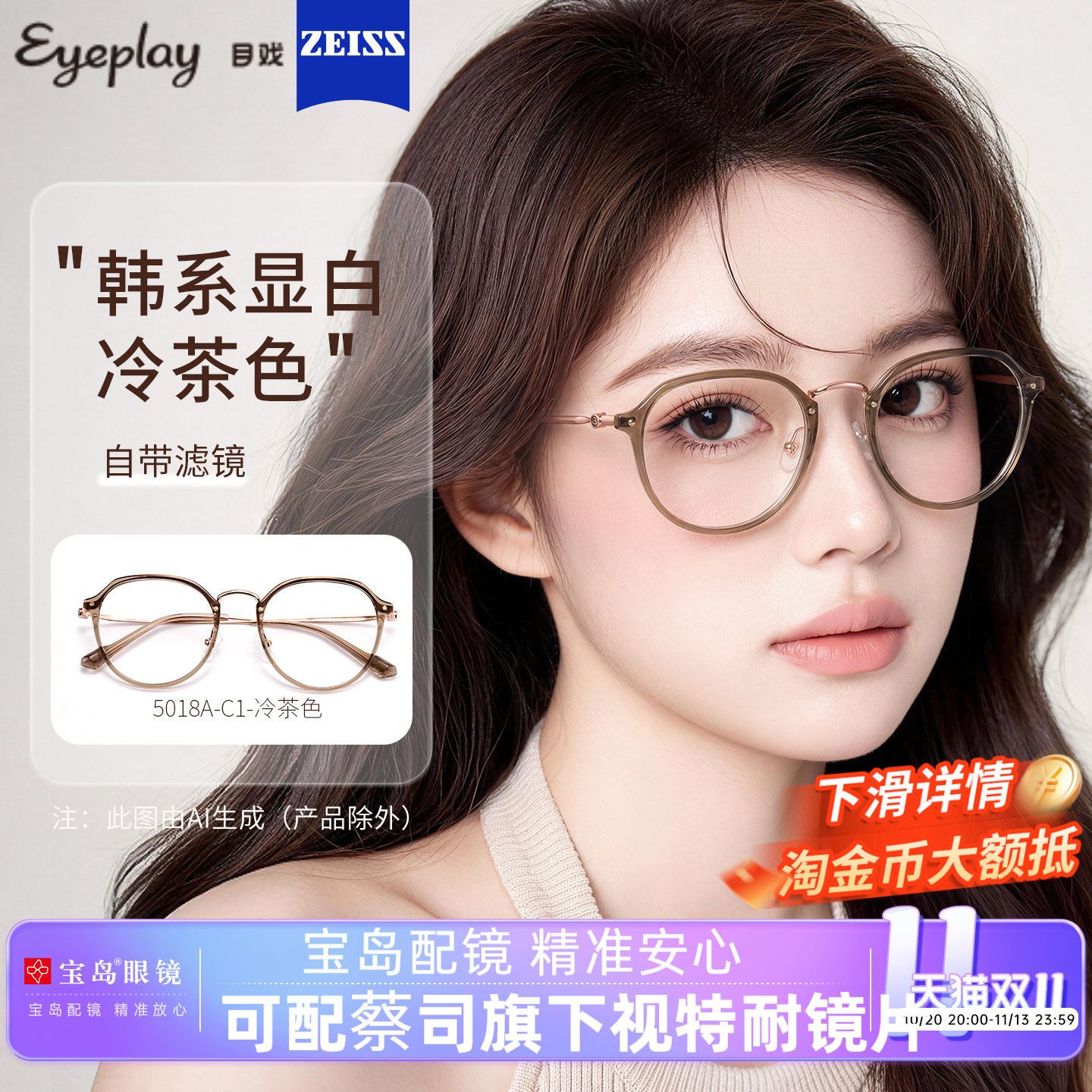 目戏冷茶色眼镜近视女可选变色防蓝光度数可配蔡司眼镜框镜架5018