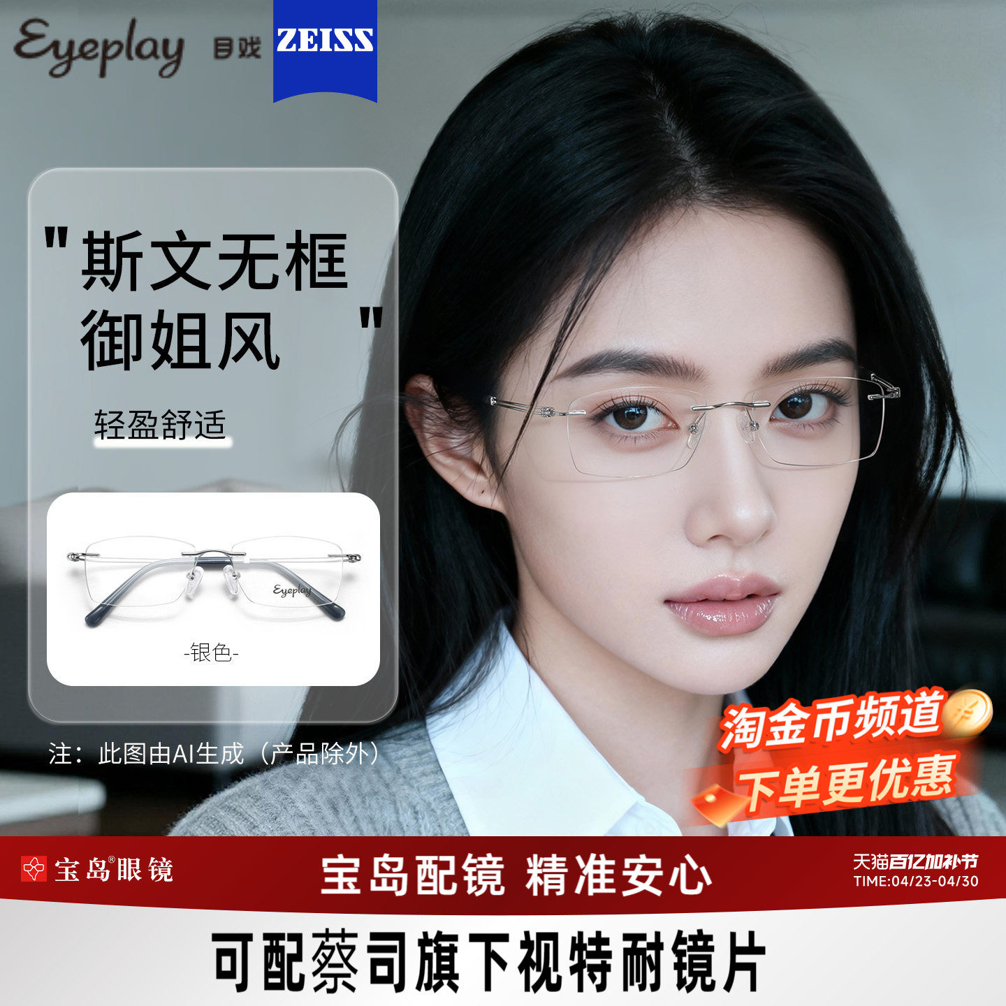 目戏无边框高级感无框近视眼镜女可配度数镜片眼镜框镜架23002