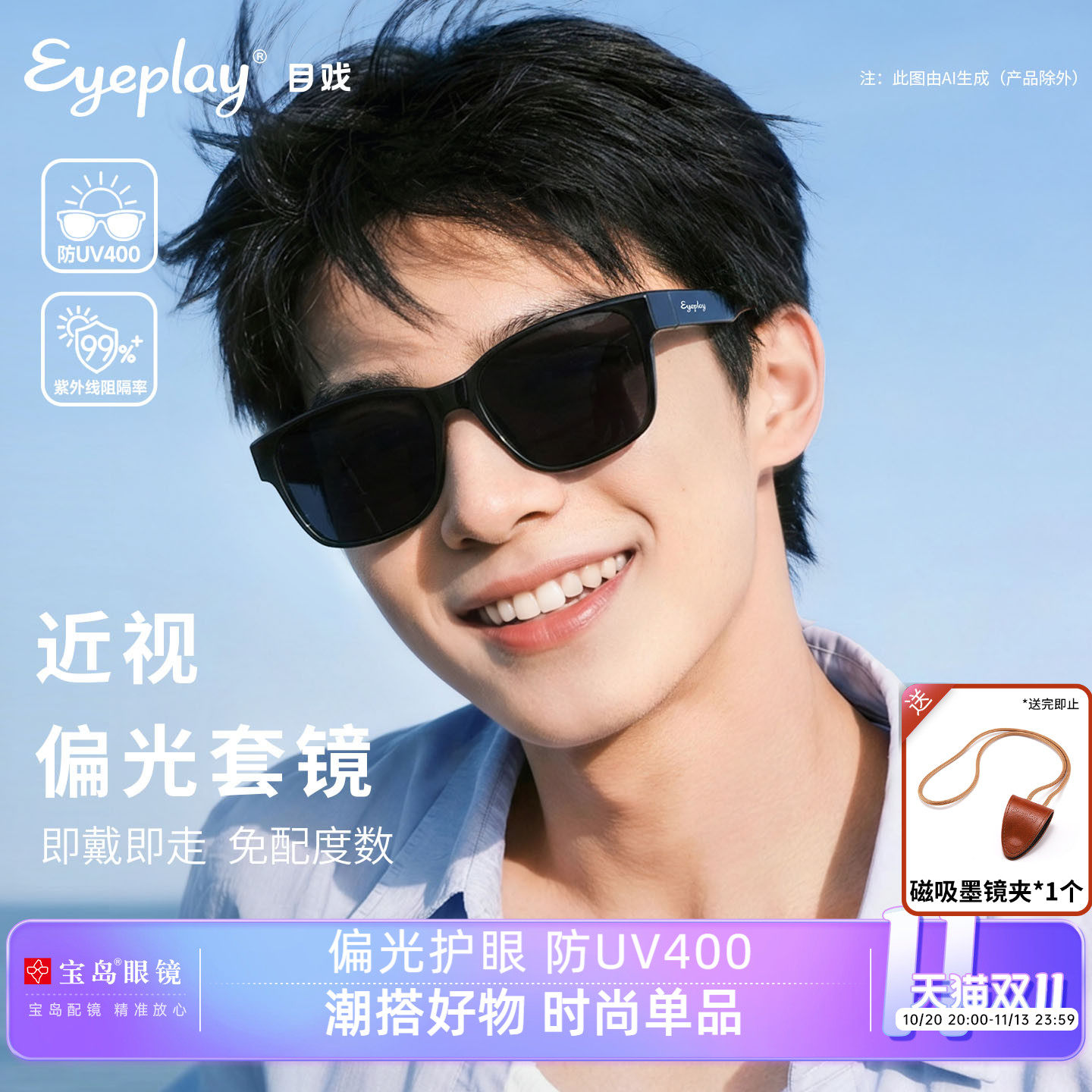 目戏2026新款太阳镜套镜男防紫外线偏光开车墨镜可套近视镜76004