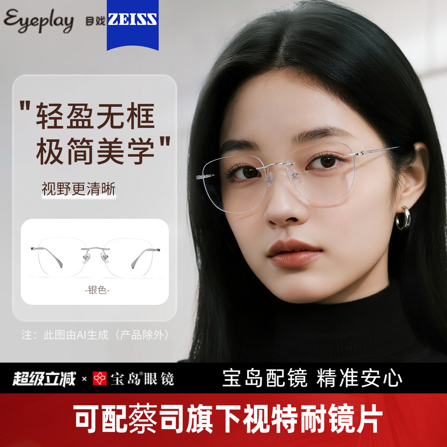 目戏清冷无框近视眼镜女