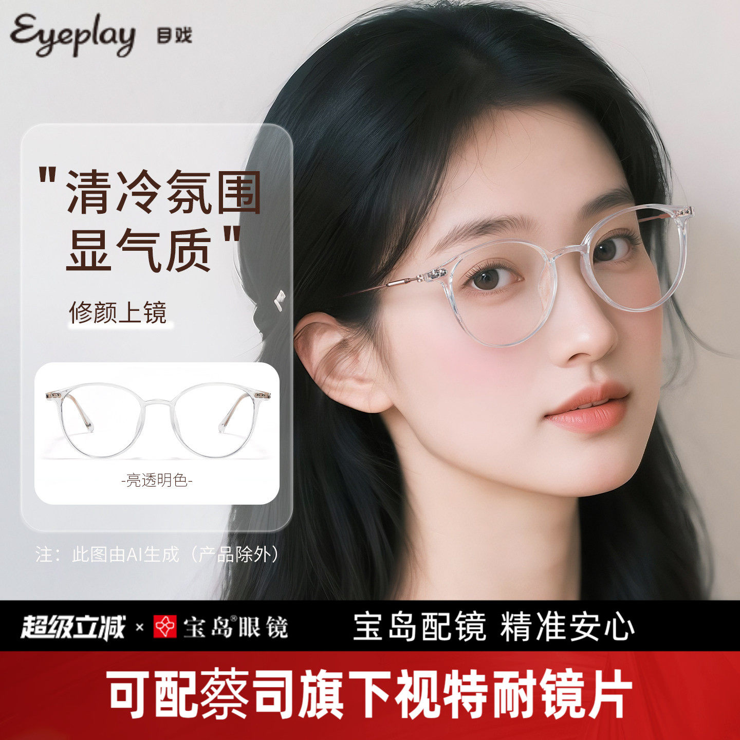 目戏透明色眼镜近视女可选防蓝光可配度数镜片眼镜镜架5007C2