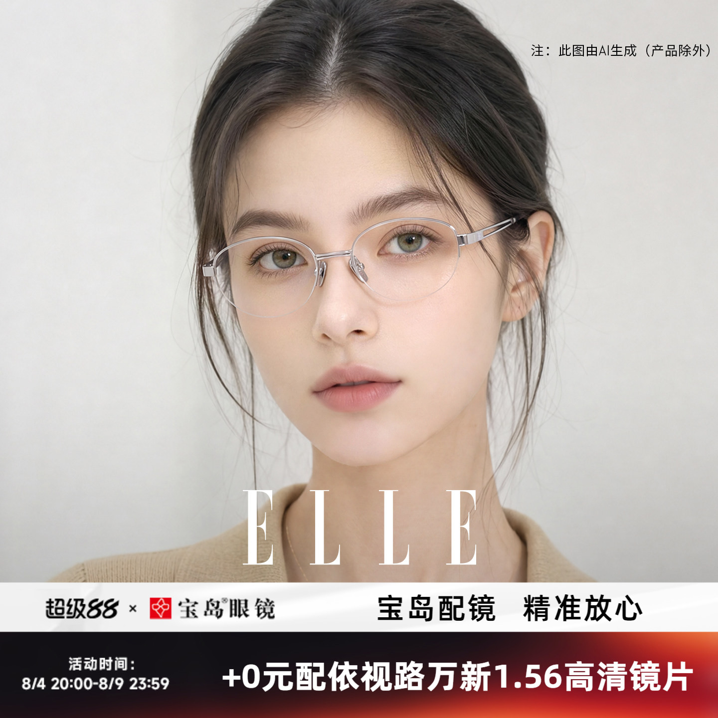 ELLE老钱风高智感金属半框眼镜女