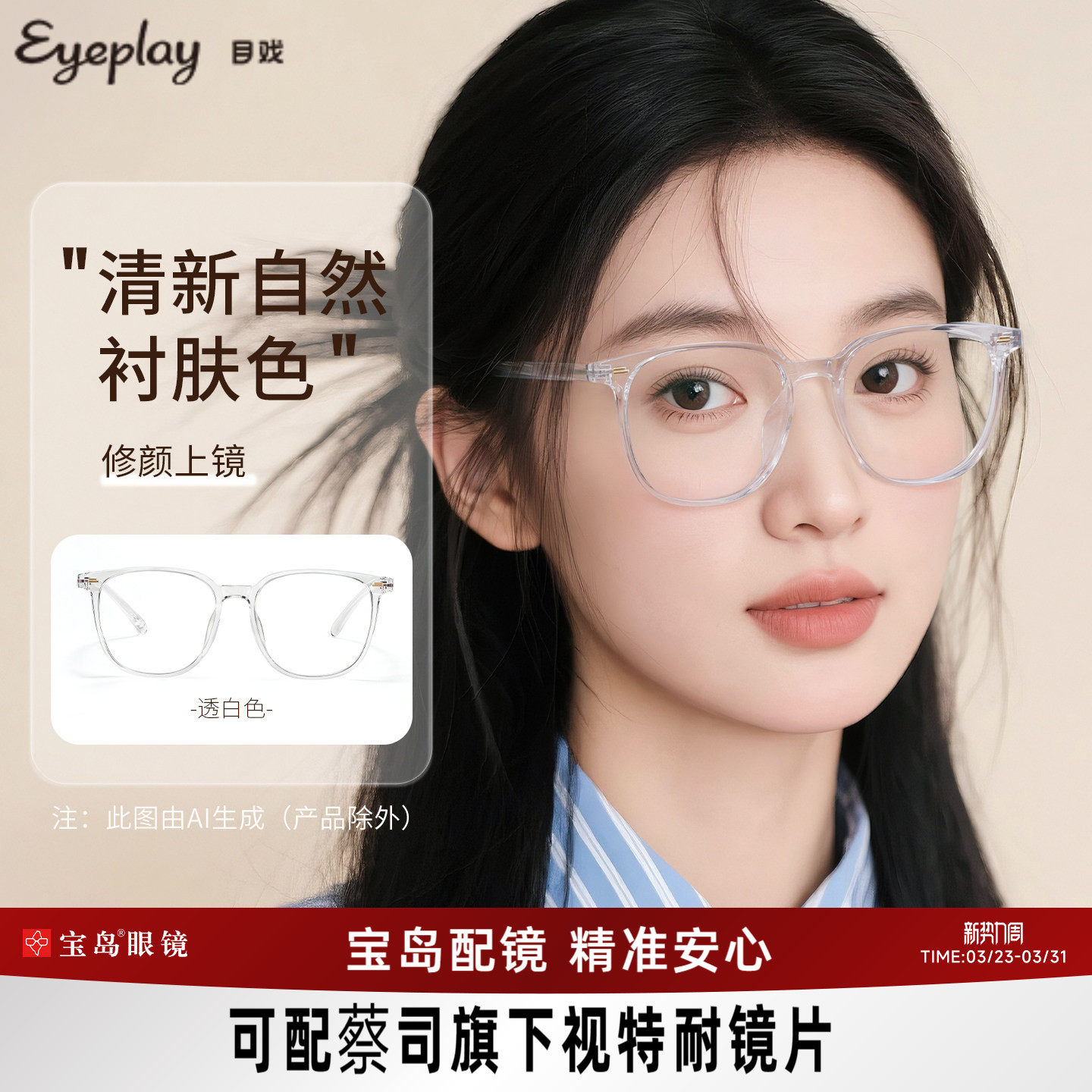 目戏素颜透明眼镜女眼镜框大框可配近视度数可选防蓝光镜片1068C