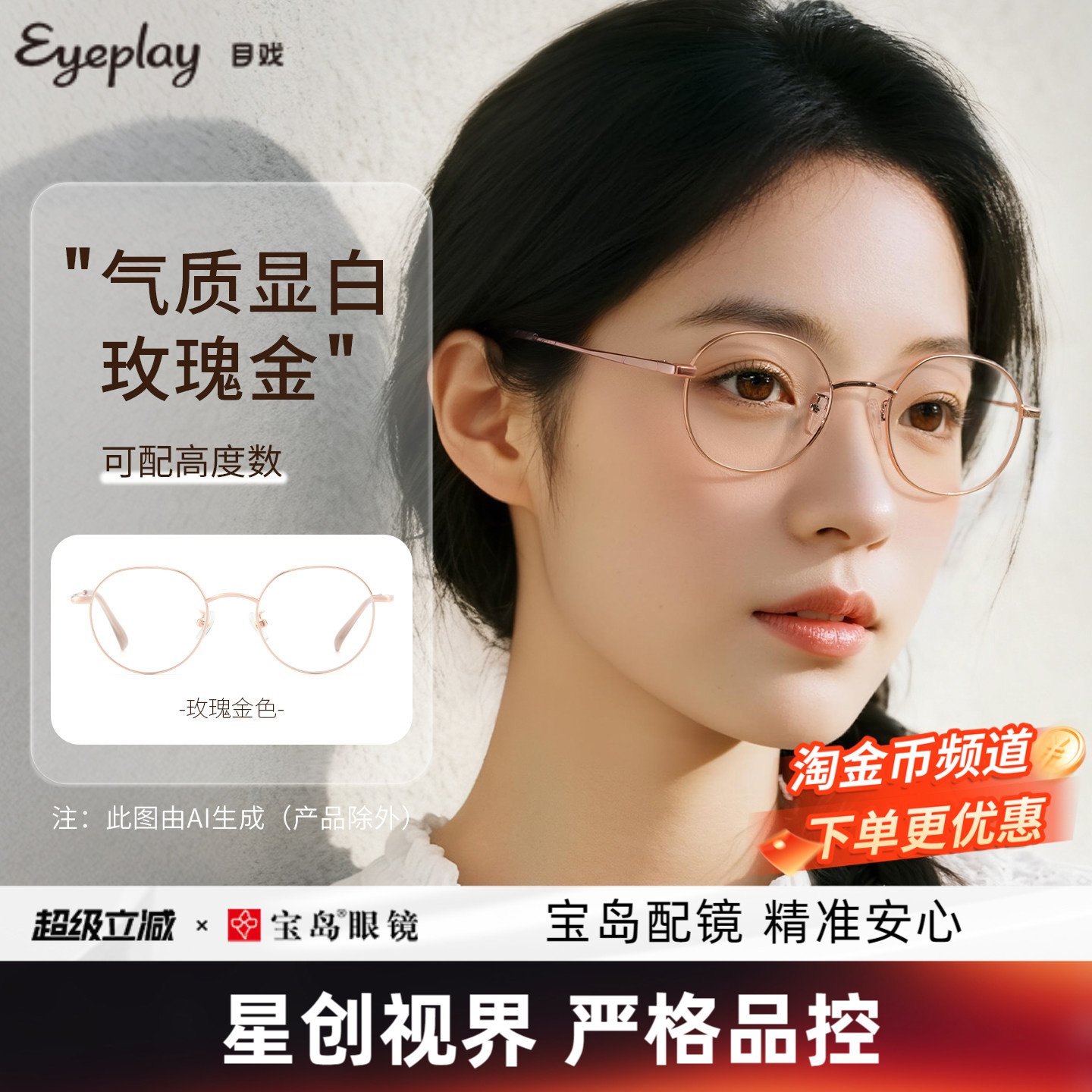 目戏近视眼镜小框圆框可配度数可选防蓝光镜片眼镜框镜架女1045