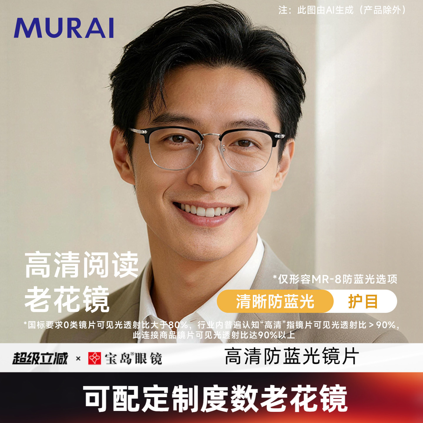 MURAI老花镜男品牌高档正品高清老花眼镜男款可配蔡司视特耐镜片