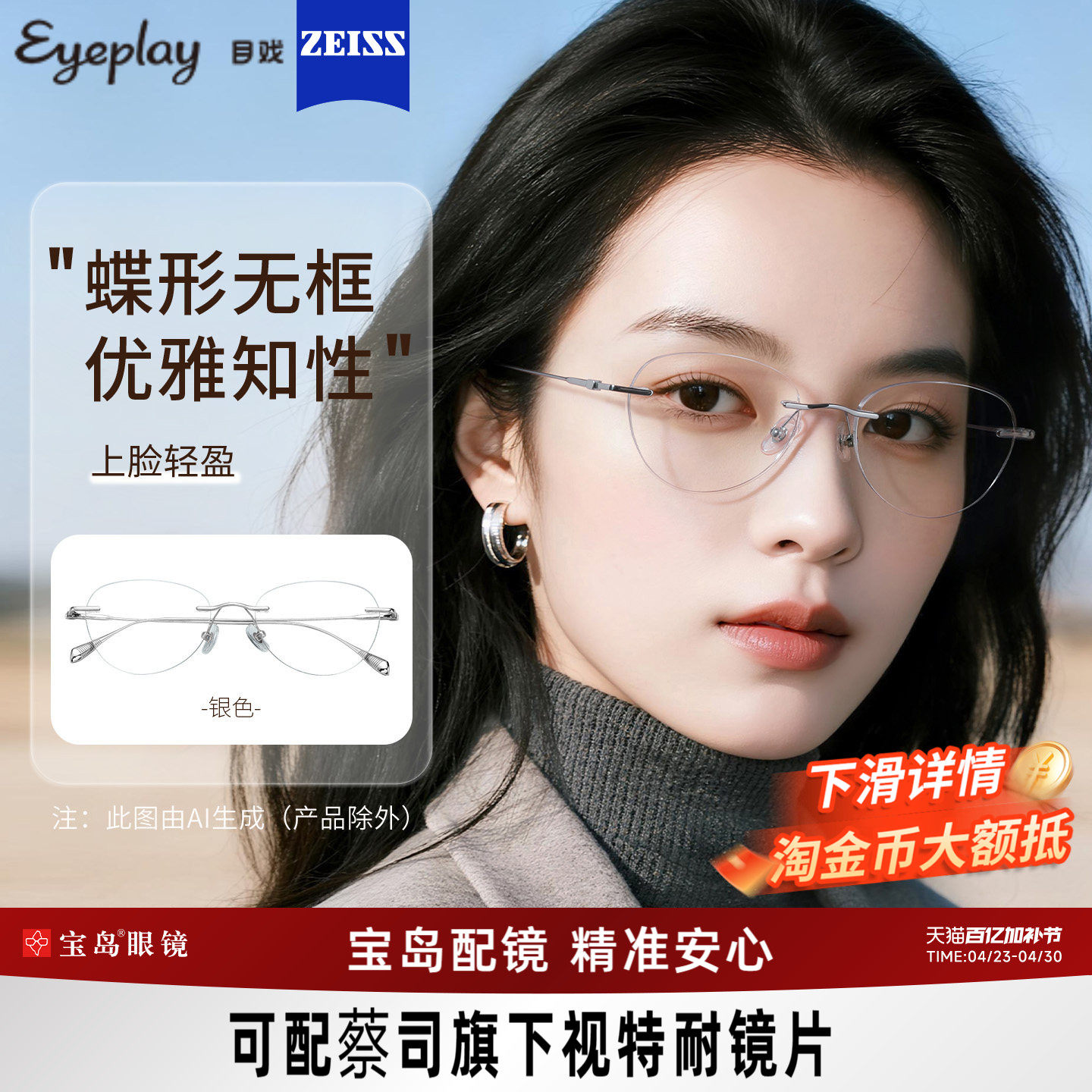 目戏无边框近视眼镜女可配度数无框眼镜框镜架轻盈23003