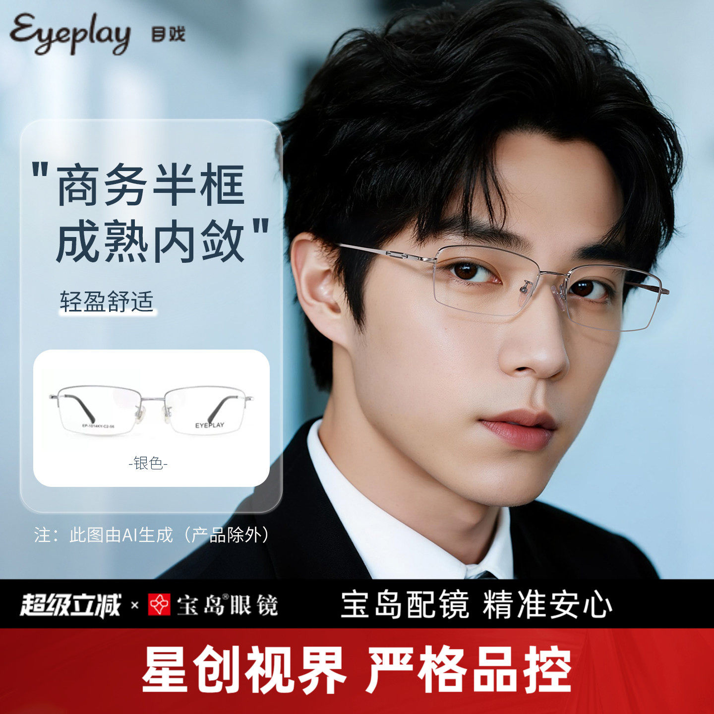 目戏半框眼镜钛合金镜腿防蓝光辐射男士商务可配近视度数宝岛1014