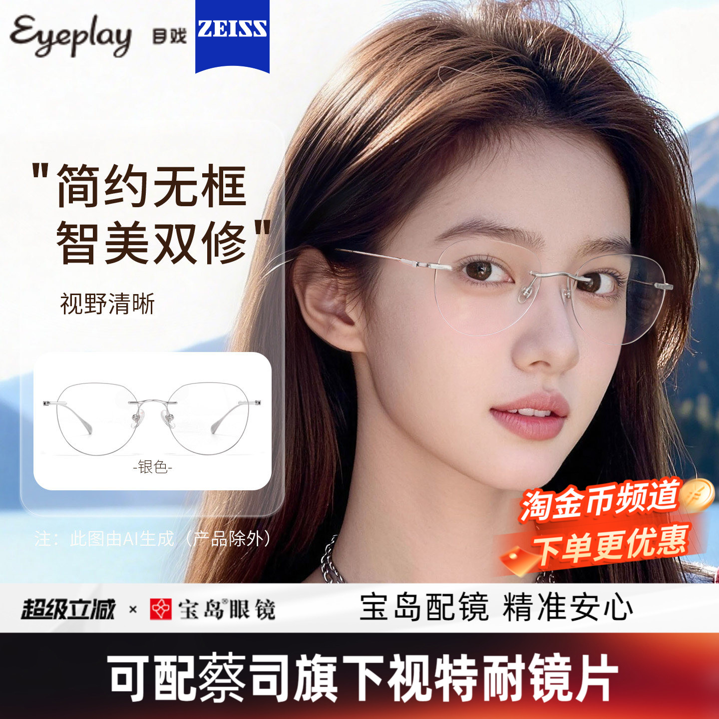 目戏高智感无框近视眼镜女可配度数可选防蓝光眼镜框镜架男23007