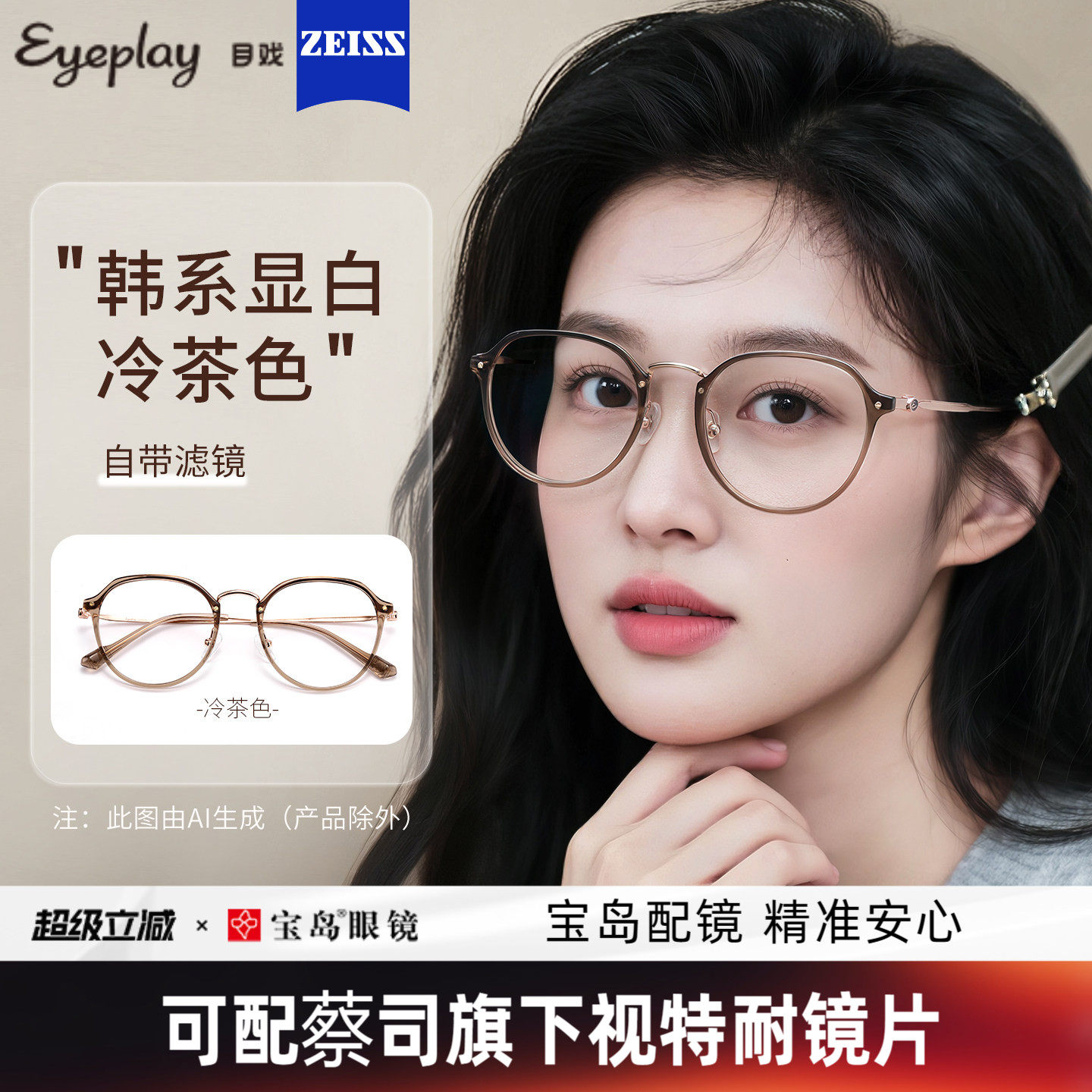 目戏冷茶色眼镜近视女可选变色防蓝光度数可配蔡司眼镜框镜架5018 - 实物图