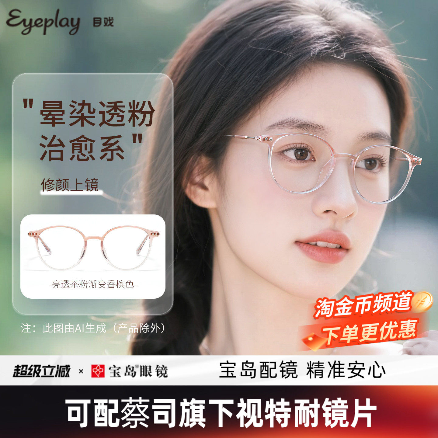目戏少女粉时尚近视眼镜可配度数
