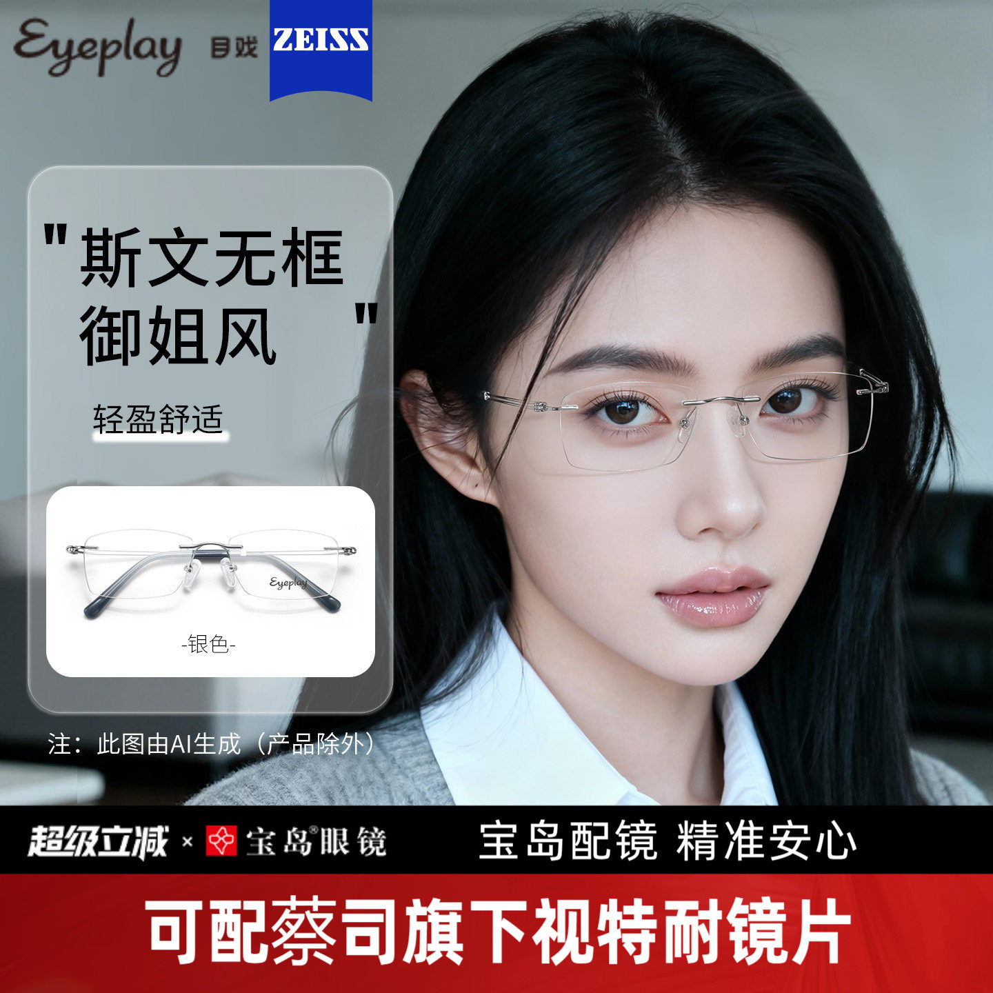 目戏无边框高级感无框近视眼镜女可配度数镜片眼镜框镜架23002