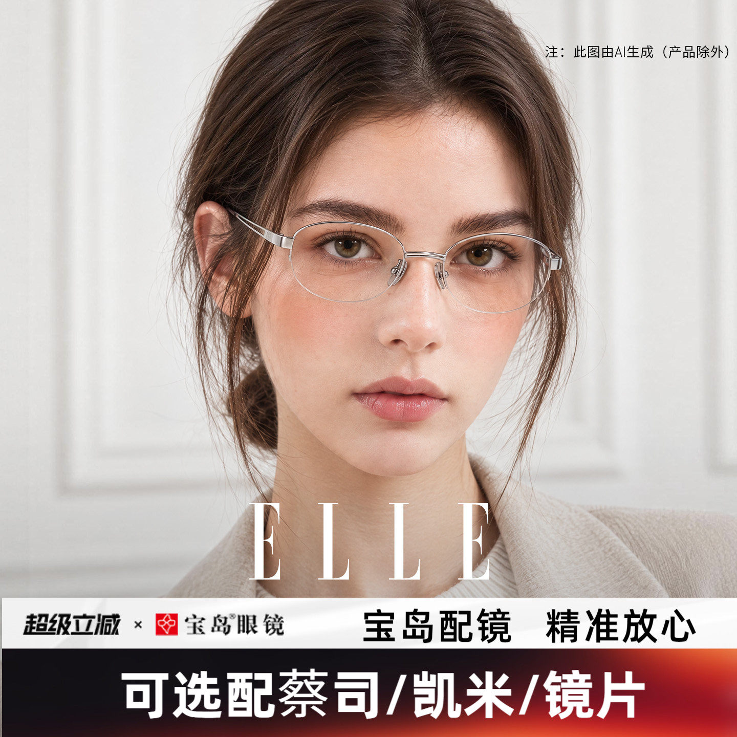 ELLE老钱风高智感金属半框眼镜女