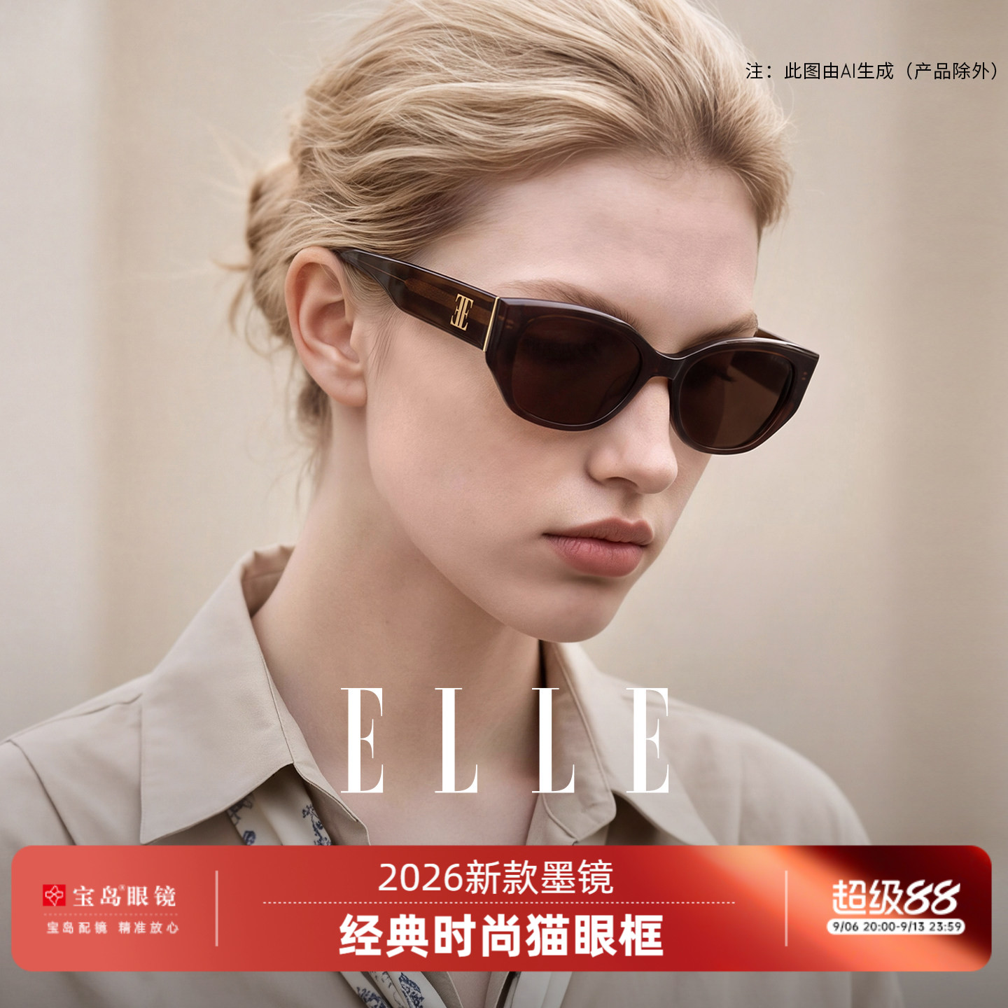 ELLE墨镜女款2026新款猫眼墨镜适合方圆脸高级感黑色大牌墨镜3007