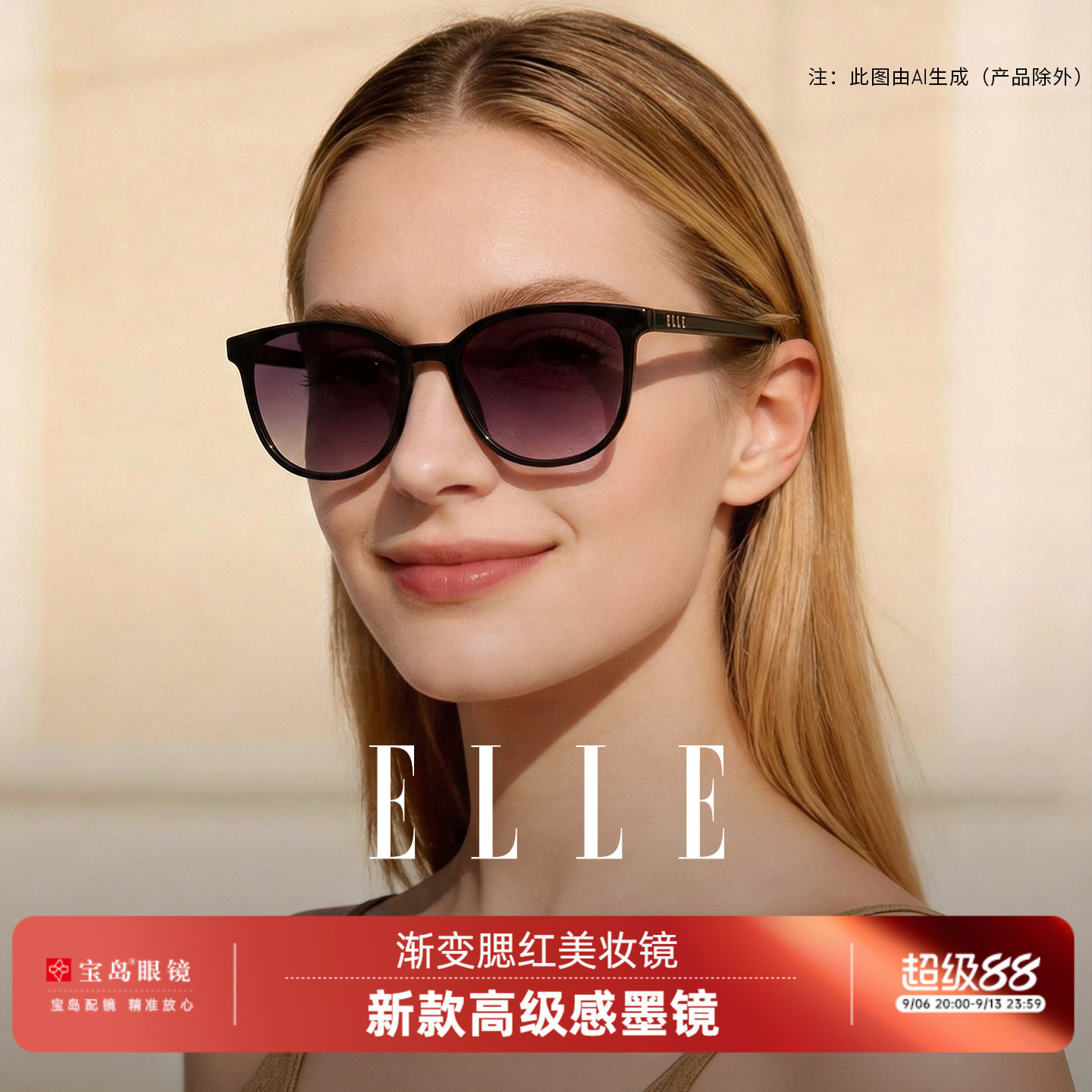 ELLE落日渐变紫粉色大框墨镜女款腮红美妆镜2026新款太阳镜女3010