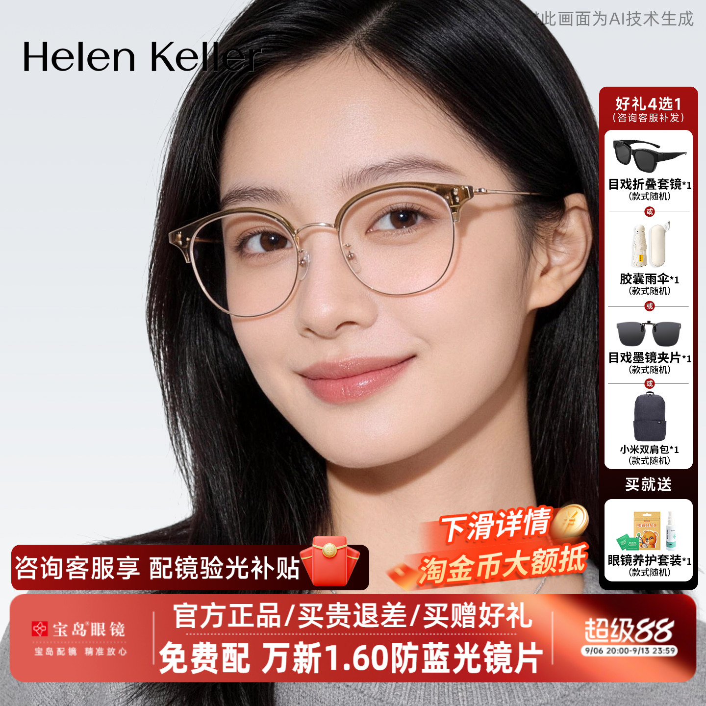 海伦凯勒冷茶色眉框眼镜百搭可配蔡司镜片近视度数眼镜架女H9217