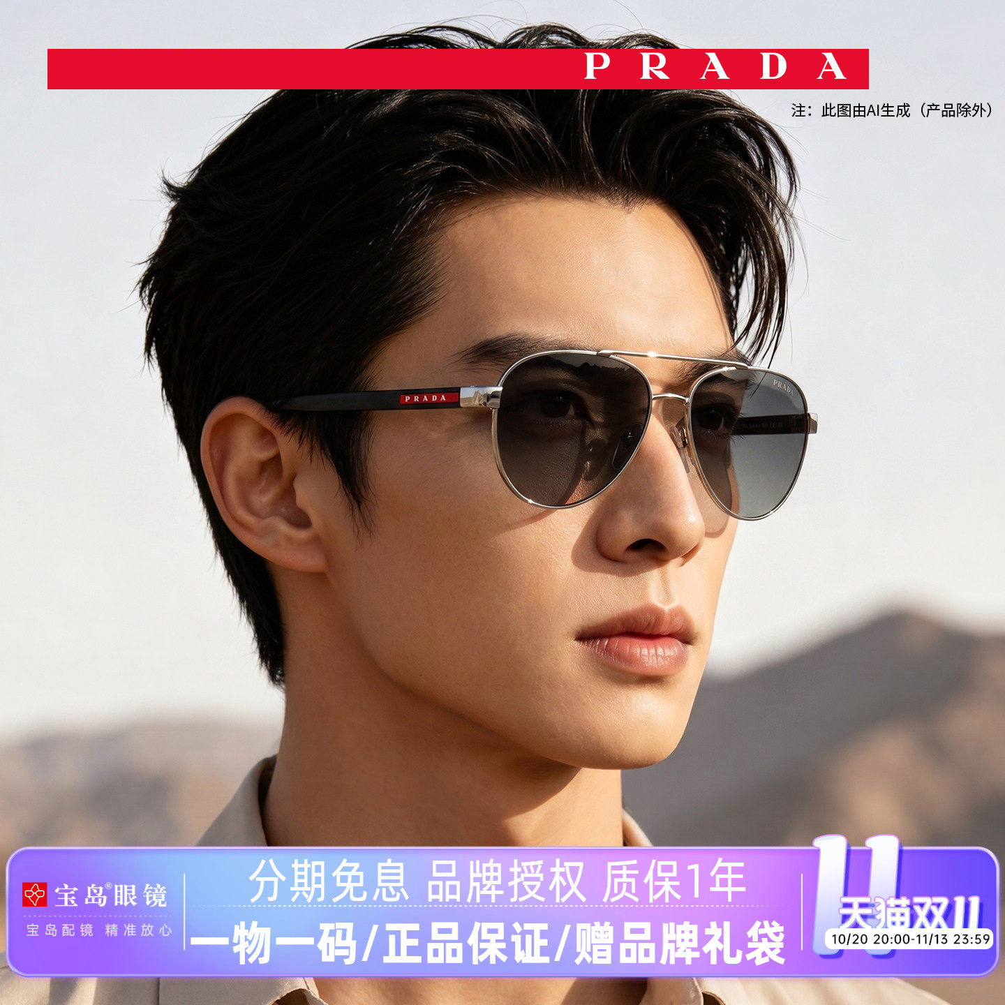 Prada普拉达墨镜男款双梁飞行员款太阳镜驾驶蛤蟆镜遮阳眼镜A52S