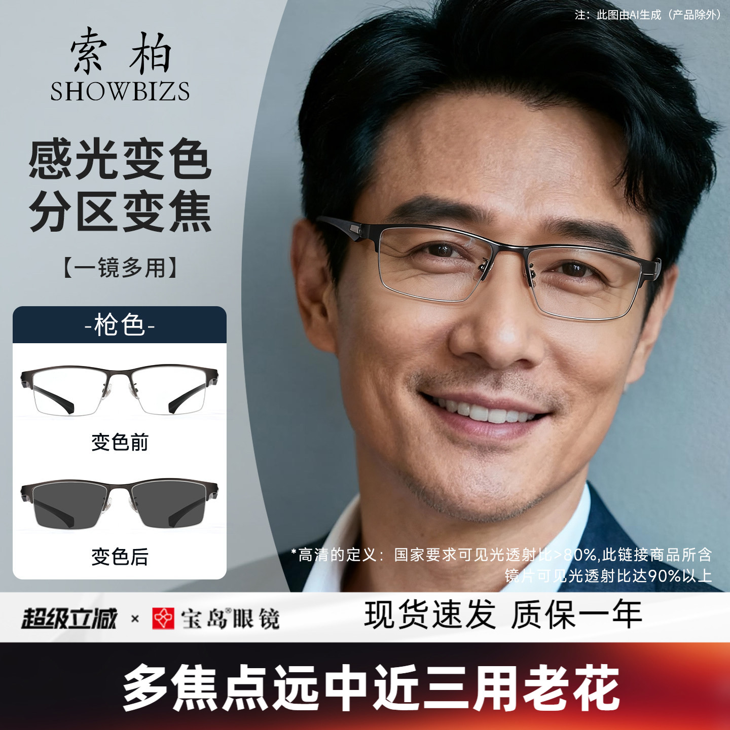 索柏变色老花镜男款分区调节度数远中近三用防蓝光老花眼镜男式
