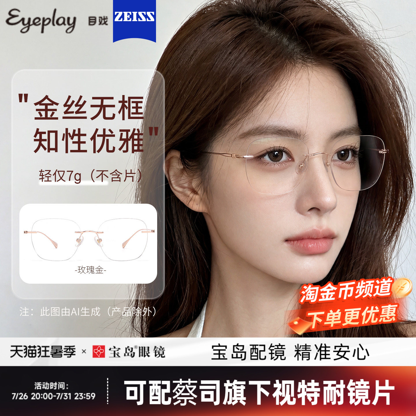 目戏无框眼镜女近视可配度数可选防蓝光无边框眼镜框镜架23004