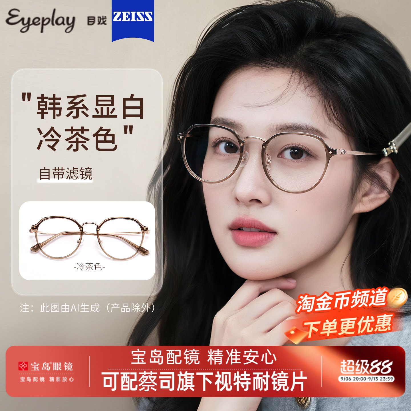 目戏冷茶色眼镜近视女可选变色防蓝光度数可配蔡司眼镜框镜架5018