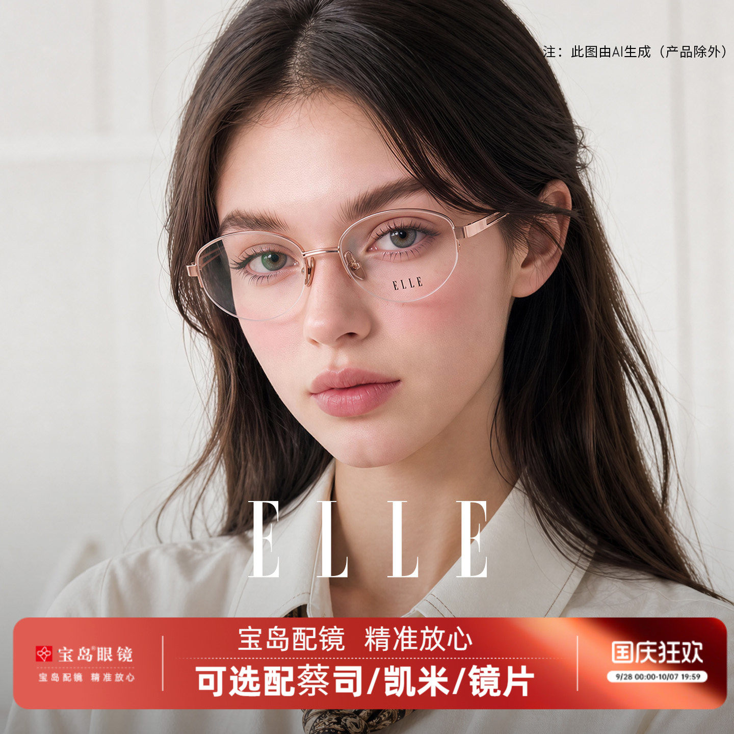 ELLE老钱风高智感玫瑰金金属半框眼镜女可配度数近视眼镜框女7021