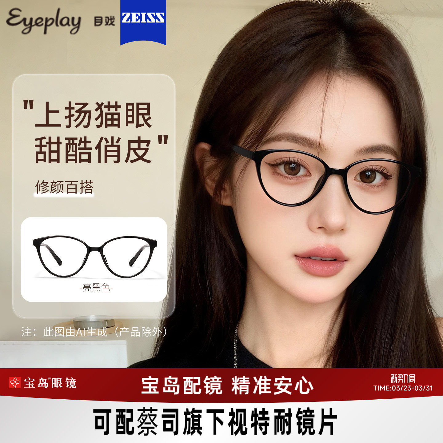 目戏猫眼黑框近视眼镜女可配度数镜片眼镜框镜架可选防蓝光31005