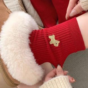 本命年大红袜新年大红色袜子女中筒棉袜刺绣百搭马年双针堆堆袜