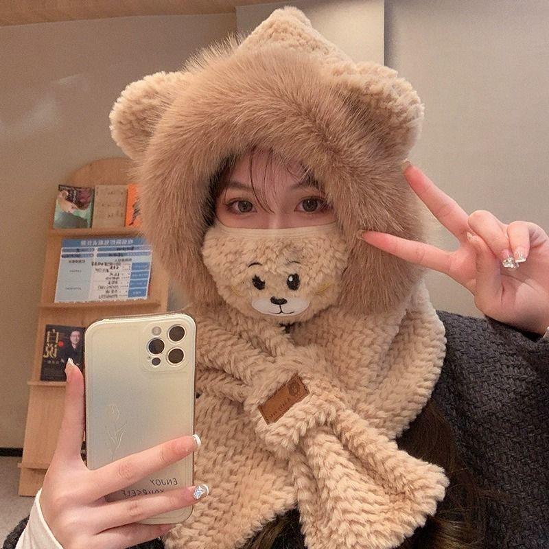 冬季小熊围巾骑车可爱毛绒帽子秋冬季防寒保暖护耳围脖一体送口罩