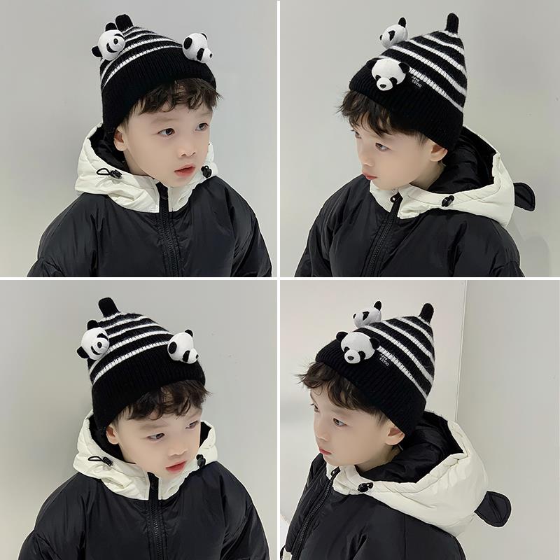 儿童毛线帽子小熊猫男孩婴儿宝宝秋冬季针织2024新款冬款冬天洋气