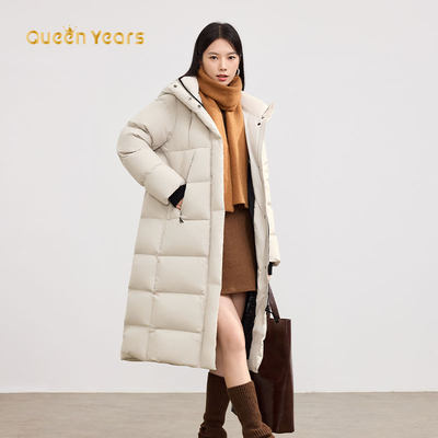Queen Years羽绒服女2025新款冬季中长款过膝加厚保暖白鸭绒外套
