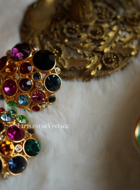 vintage80s美国Blanca莱茵石彩宝复古耳夹