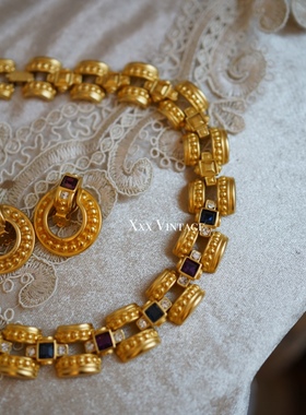 vintage80s美国blanca雾金重工莱茵石彩宝耳夹项链套装