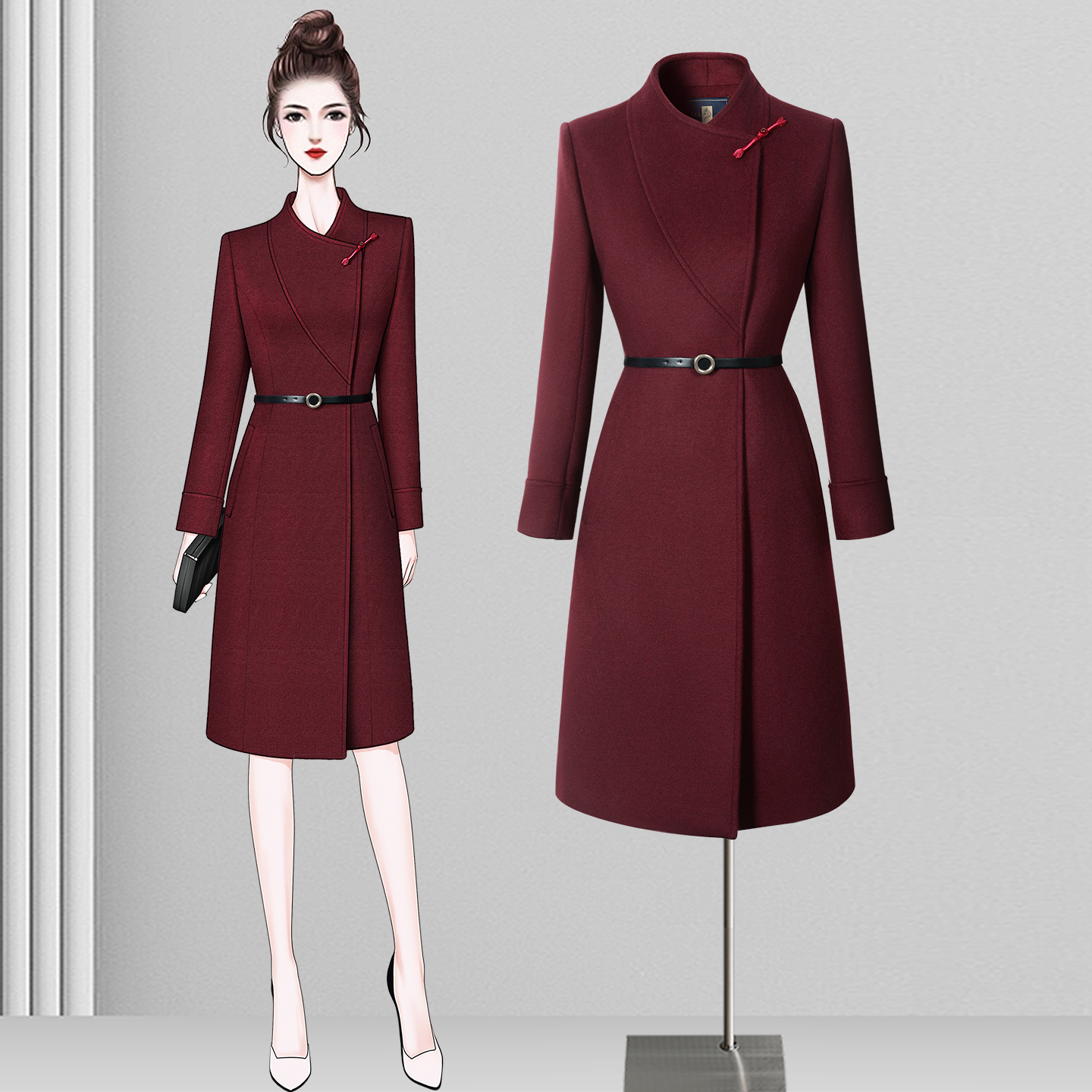酒红色羊毛大衣女款2025新款职业空姐前台礼仪接待案场客服工作服