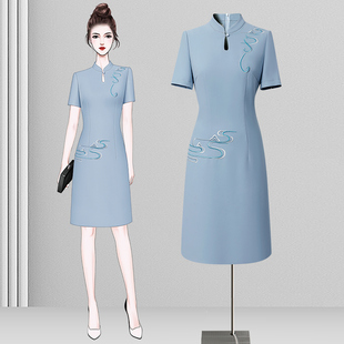 新中式改良旗袍连衣裙女夏季职业气质高级感刺绣国风茶艺师工作服