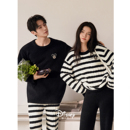 休闲条纹家居服男保暖半边绒套装 迪士尼珊瑚绒情侣睡衣女冬季 新款