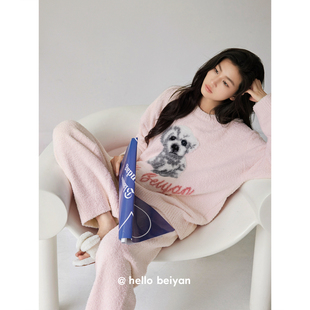 贝妍珊瑚绒睡衣女款冬季可爱狗狗半边绒套装甜美少女保暖家居服