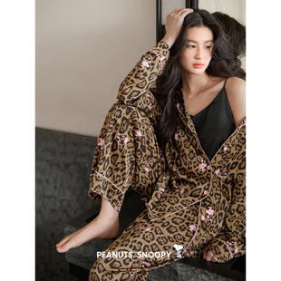 贝妍粉色史努比睡衣女春秋性感开衫长袖家居服慵懒松弛感豹纹套装