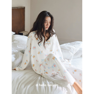 贝妍软萌小熊睡衣女春秋新款长袖开衫套装甜美可爱少女柔软家居服