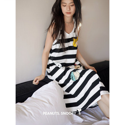 贝妍女款夏季凉感条纹史努比睡裙