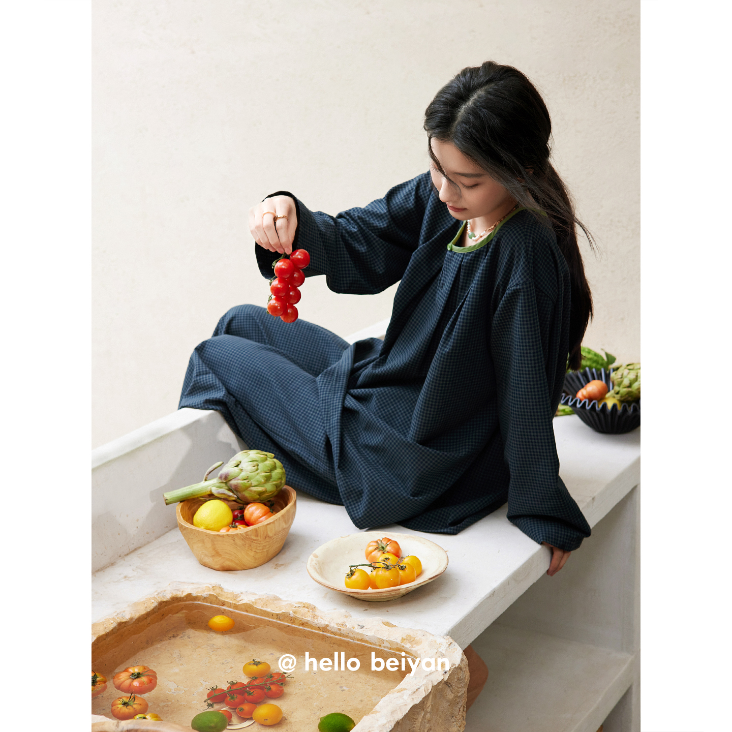 贝妍女春秋复古格纹宽松长袖睡衣