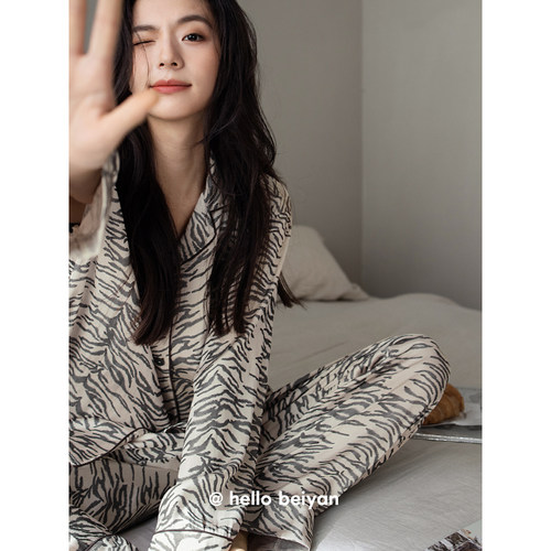 贝妍女春秋性感开衫长袖柔软睡衣