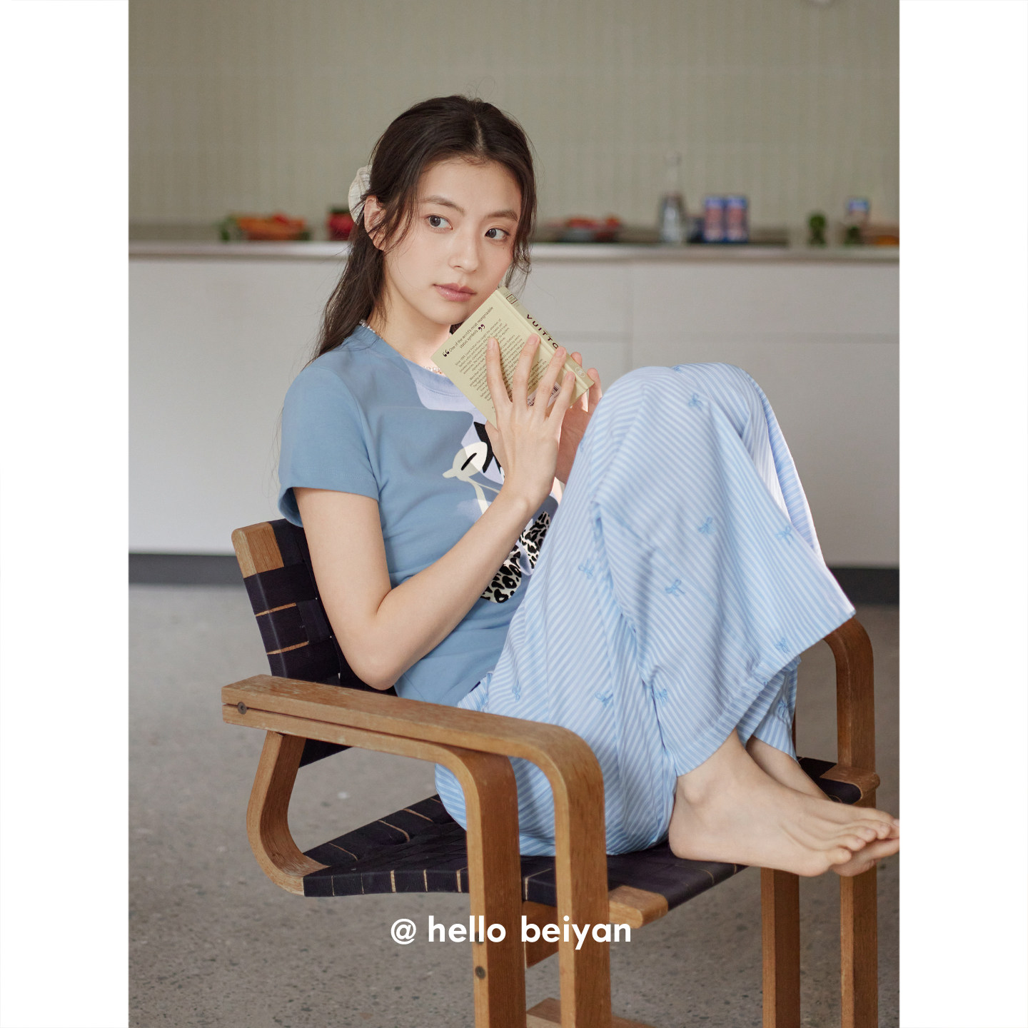 贝妍清新海盐蓝调睡衣女夏季凉感短袖长裤家居服显瘦少女外穿套装